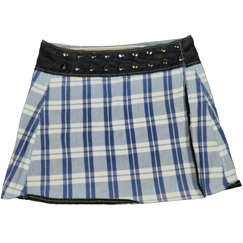 Blue‎ Plaid Studded Denim Waist Wrap Mini Skirt with Pocket